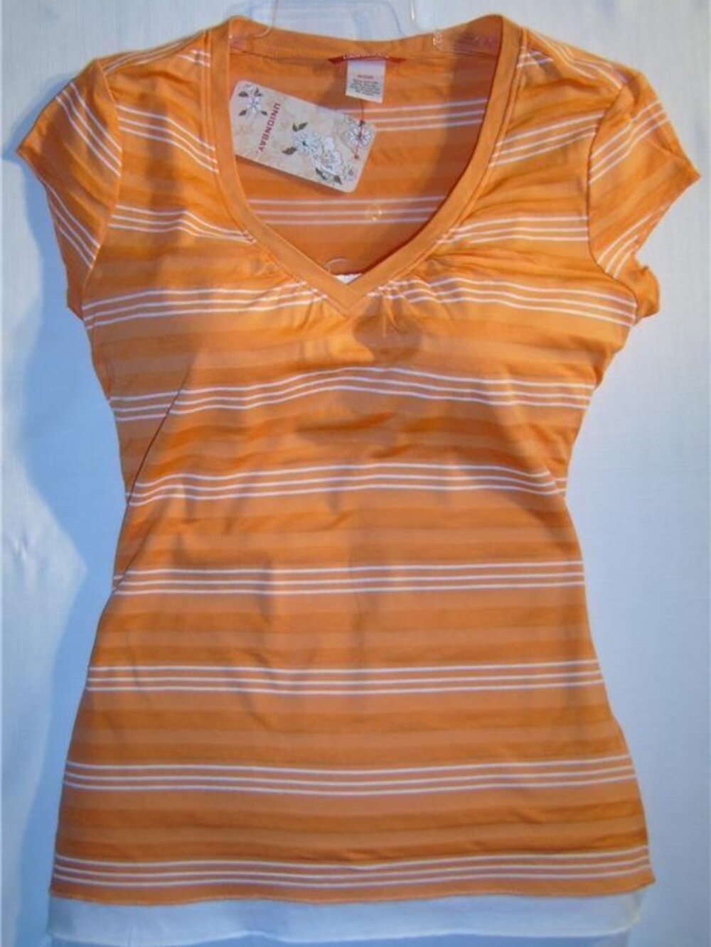 Union Bay Y2K Mock SHIRT Jr Sizes Orange & White Striped Crew Fitted Cap Sleeve